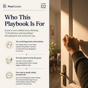 May include: A digital playbook titled Pivot Guides 02, Who This Playbook Is For. It features text about avoiding conversations, staying quiet, and speaking calmly. Icons of a head, a dove with an olive branch, and a speech bubble are included.
