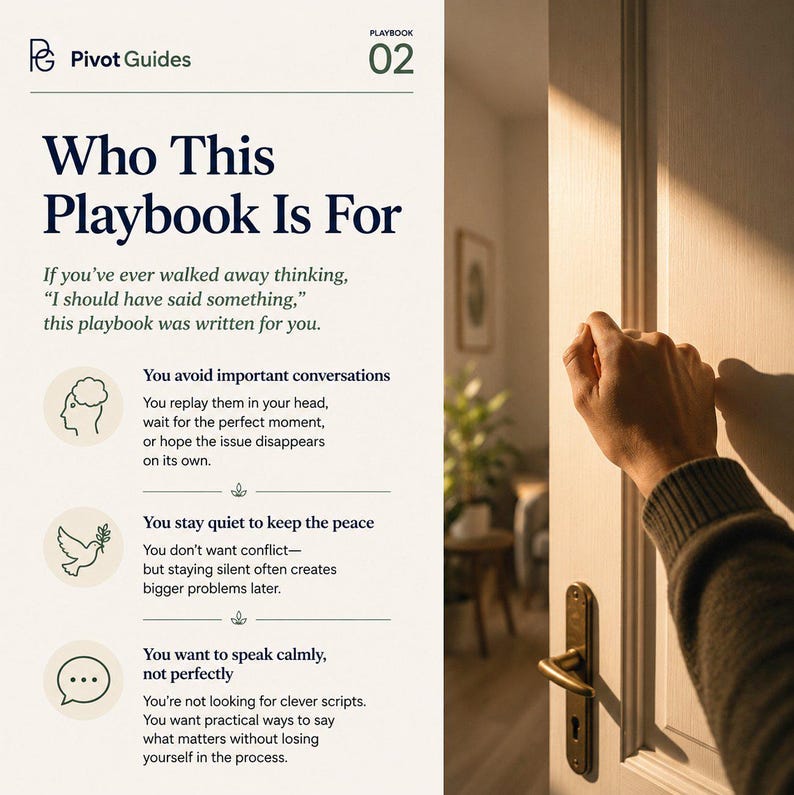 May include: A digital playbook titled Pivot Guides 02, Who This Playbook Is For. It features text about avoiding conversations, staying quiet, and speaking calmly. Icons of a head, a dove with an olive branch, and a speech bubble are included.