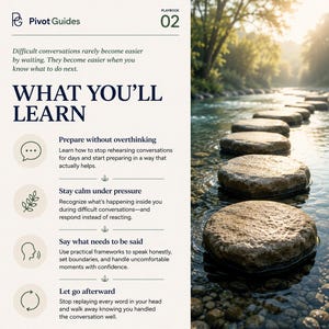 May include: A Pivot Guides Playbook 02 document featuring text about difficult conversations and a right-side image of stepping stones in a river. The text includes sections titled What You'll Learn, Prepare without overthinking, Stay calm under pressure, Say what needs to be said, and Let go afterward.