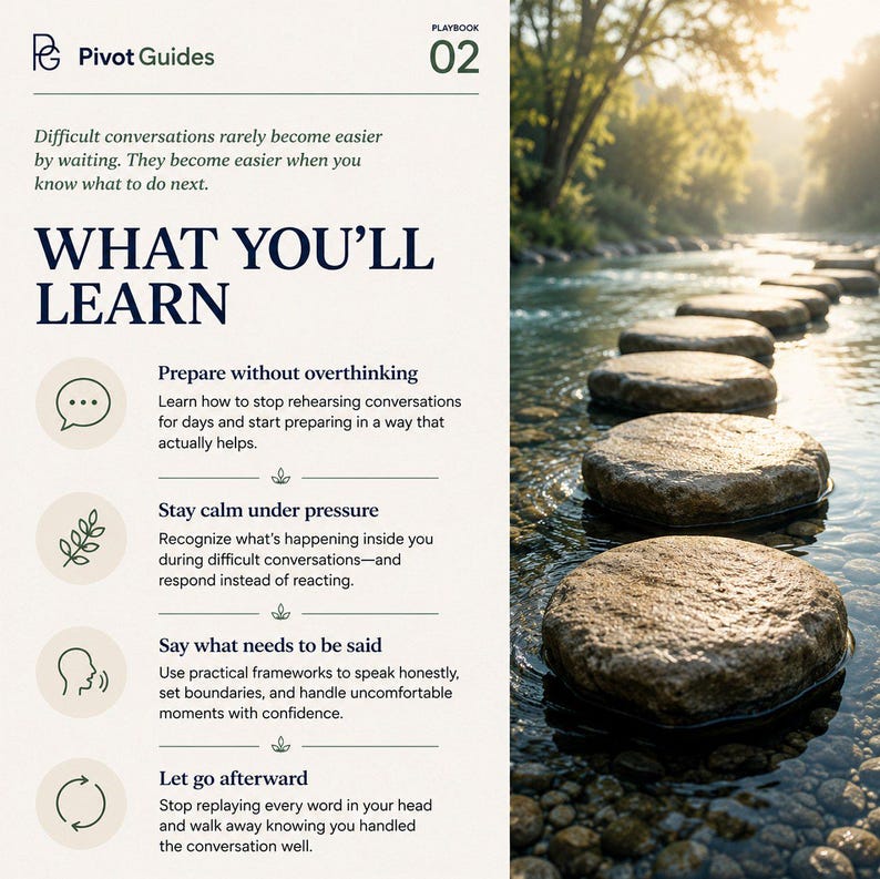 May include: A Pivot Guides Playbook 02 document featuring text about difficult conversations and a right-side image of stepping stones in a river. The text includes sections titled What You'll Learn, Prepare without overthinking, Stay calm under pressure, Say what needs to be said, and Let go afterward.