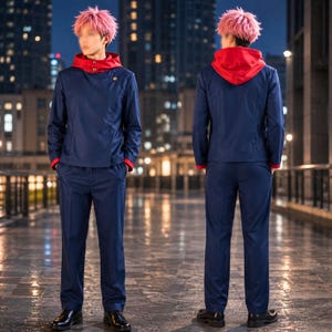 May include: A dark blue long-sleeved jacket with a red hood and matching dark blue trousers. The jacket features a high collar, a single gold button at the neck, and red cuffs. The outfit is shown from both the front and back views.