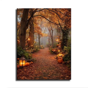 Puede incluir: Una impresión de arte mural vertical que representa un camino de adoquines que serpentea a través de un bosque en otoño. La escena presenta árboles altos con follaje naranja y dorado, hojas caídas, linternas brillantes y varias calabazas.