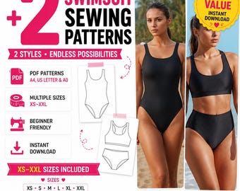 2 Swimsuit Sewing Patterns Bundle PDF, Women's Bikini & One-Piece Swimwear Template, Beginner Friendly, DIY Bathing Suit, Instant Download