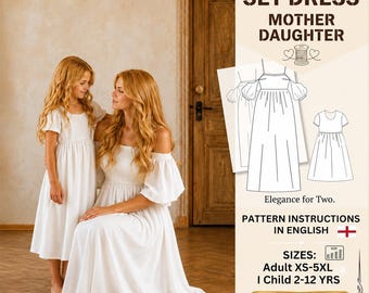 Mother Daughter Dress Set Sewing Pattern PDF, Matching Linen Maxi Dress, Square Neck, Empire Waist, Pockets, Sleeveless & Short Sleeve