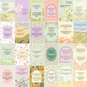 Op de afbeelding: Een verzameling van dertig rechthoekige kaarten met pastelkleurige achtergronden, bloemenillustraties en diverse bijbelverzen gedrukt in zowel het Engels als het Koreaans. Elke kaart heeft een uniek ontwerp met decoratieve randen en zachte motieven.