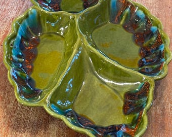 California Pottery Green Drip Glazed Divided Serving Platter Leaf Dish #G434