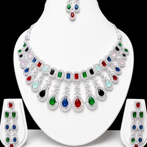 Luxury Multicolor CZ Stone Bridal Necklace Set with Matching Long Earrings | Statement Wedding Jewelry