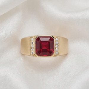 Men's Ruby Ring, Octagon Cut Red Gemstone, Gold Plated Band, Statement Cocktail Ring