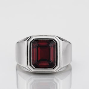 Red Garnet Silver Ring For Men, Octagon Signet Ring, Vintage Gemstone Ring, Luxury Statement Ring, Handmade Sterling Silver Jewelry,