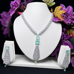 Mint Green Crystal Statement Necklace Earrings Set, Silver Tone Bridal Jewelry