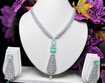Mint Grün Kristall Statement Halskette Ohrringe Set, Silber Ton Braut Schmuck