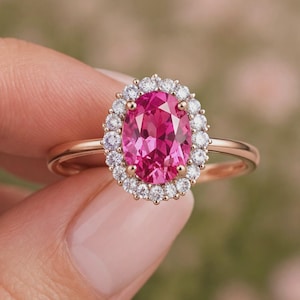 Oval Pink Sapphire Ring | Rose Gold Halo Ring | Lab Created Pink Sapphire | Promise Ring | Engagement Ring | Gift for Women,
