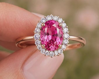 Ovaler Ring mit rosa Saphir | Halo-Ring aus Roségold | Laborsaphir | Verlobungsring | Geschenk für Frauen