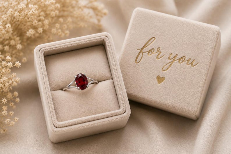 K&ouml;nnte beinhalten: Ein silberner Ring mit einem oval geschliffenen, dunkelroten Edelstein in einer beigen Samt-Ringbox. Der Deckel der Box ist mit dem Schriftzug for you und einem kleinen Herzsymbol gepr&auml;gt. Der Ring hat eine geteilte Ringschiene.