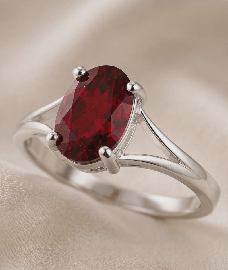 K&ouml;nnte beinhalten: Ein silberner Ring mit einem gro&szlig;en, oval geschliffenen, tiefroten Edelstein, der von vier Krappen gehalten wird. Die Ringschiene hat ein geteiltes Design, das sich zum zentralen Stein hin verj&uuml;ngt und eine polierte, reflektierende Oberfl&auml;che.