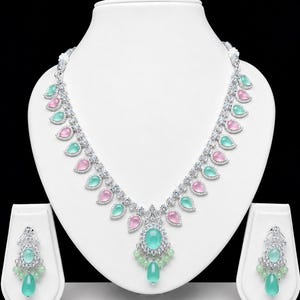 Pastel Statement Necklace Set | Mint Green Pink Bridal Jewelry | Matching Earrings