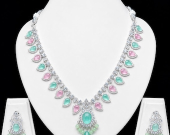Pastell Statement Halsketten-Set | Mint grün rosa Brautschmuck | Passende Ohrringe