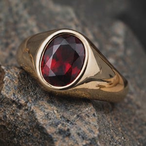 Red Garnet Gold Ring For Men, Vintage Signet Ring, Luxury Gemstone Ring, Men's Statement Ring, Handmade Gold Jewelry, Anniversary Gift,