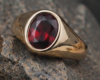 Roter Granat-Goldring für Herren, Vintage-Siegelring, Luxus-Edelsteinring, Statement-Ring für Herren, handgefertigter Goldschmuck, Jahrestagsgeschenk