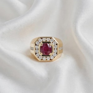 Men's Ruby Ring, Cushion Cut Red Gemstone, Gold Plated Halo, Statement Jewelry