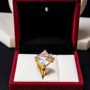 Gold Plated Square Crystal Floral Ring, Adjustable Fashion Jewelry