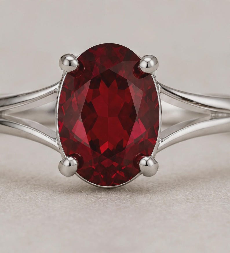 K&ouml;nnte beinhalten: Ein Silberring mit einem gro&szlig;en, oval geschliffenen, tiefroten Edelstein, der von vier polierten Krappen gehalten wird. Die Ringschiene hat ein geteiltes Design, das sich zur zentralen Fassung hin verj&uuml;ngt und ein glattes Metallfinish zeigt.