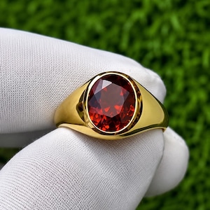 Gold Plated Oval Garnet Signet Ring, Red Garnet Gemstone Statement Ring, Vintage Men's Ring, Unisex Cocktail Ring, Gift for Him Her,