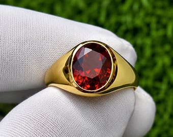 Gold Plated Oval Garnet Signet Ring, Red Garnet Gemstone Statement Ring, Vintage Men's Ring, Unisex Cocktail Ring, Gift for Him Her,