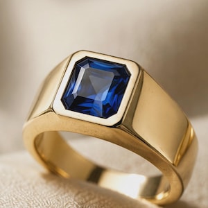 Blue Sapphire Gold Ring For Men, Luxury Signet Ring, Vintage Style Gemstone Ring, Statement Ring, Handmade Gold Jewelry, Anniversary Gift,