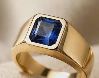 Herrenring aus Gold mit blauem Saphir, luxuriöser Siegelring, Edelsteinring im Vintage-Stil, Statement-Ring, handgefertigter Goldschmuck, Jahrestagsgeschenk