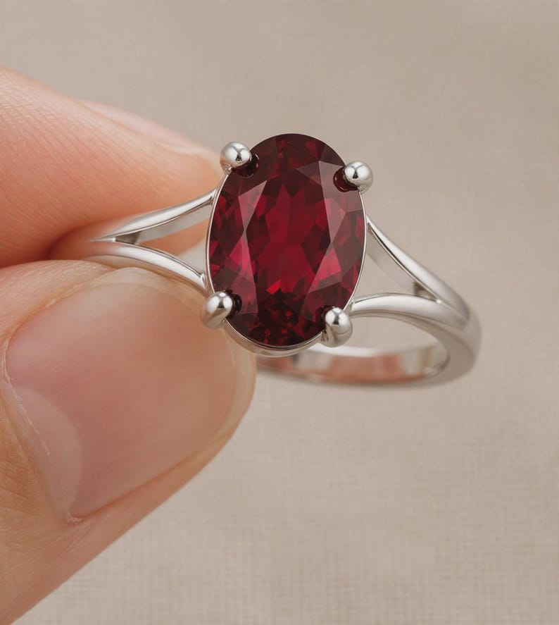 K&ouml;nnte beinhalten: Ein silberfarbener Ring mit einem gro&szlig;en, oval geschliffenen, tiefroten Edelstein in einer Vier-Krappen-Fassung. Die Ringschiene ist gespalten und verj&uuml;ngt sich zum Mittelstein hin, was dem Schmuckst&uuml;ck ein glattes und poliertes Aussehen verleiht.