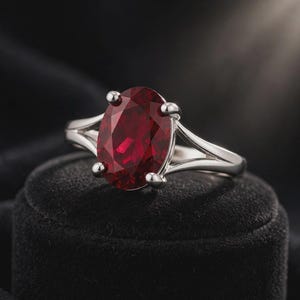 K&ouml;nnte beinhalten: Ein silberfarbener Ring mit einem gro&szlig;en, oval geschliffenen, tiefroten Edelstein, der von vier Krappen gehalten wird. Die Ringschiene hat ein geteiltes Design, das sich zum Stein hin verj&uuml;ngt, was dem Schmuckst&uuml;ck ein klares und poliertes Aussehen verleiht.