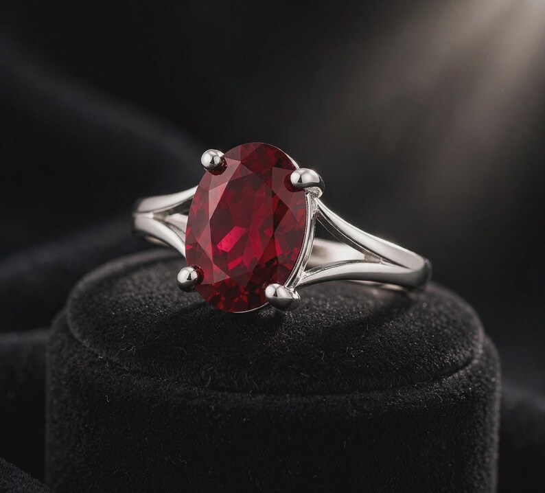 K&ouml;nnte beinhalten: Ein silberfarbener Ring mit einem gro&szlig;en, oval geschliffenen, tiefroten Edelstein, der von vier Krappen gehalten wird. Die Ringschiene hat ein geteiltes Design, das sich zum Stein hin verj&uuml;ngt, was dem Schmuckst&uuml;ck ein klares und poliertes Aussehen verleiht.
