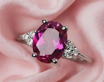 Ring aus 925er Sterlingsilber mit rosa Saphir | Laborsaphir | Ovaler Verlobungsring | Statement-Ring | Geschenk für Frauen