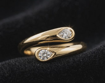 Offener, vergoldeter Wickelring | Minimalistischer, verstellbarer Statement-Ring | Moderner tropfenförmiger Zirkonia-Ring | Geschenk für Sie | Modischer Alltagsschmuck