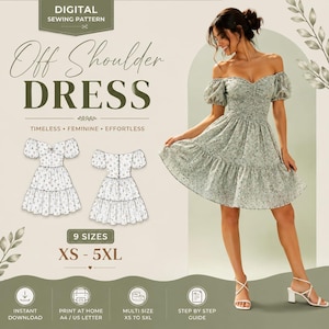 May include: A digital sewing pattern for an off-shoulder dress with a sweetheart neckline, puff sleeves, and a tiered skirt. The pattern includes 9 sizes from XS to 5XL, featuring line drawings of the front and back views and text labels.