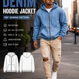 Puede incluir: Un patrón de costura PDF para una chaqueta de mezclilla con capucha azul, con cremallera frontal, capucha con cordones y puños acanalados. El gráfico incluye el texto: DENIM HOODIE JACKET, PDF SEWING PATTERN, PDF PATTERN, A0, A4, US LETTER, SIZES: S-M-L-XL, UNISEX PATTERN, EASY TO SEW.