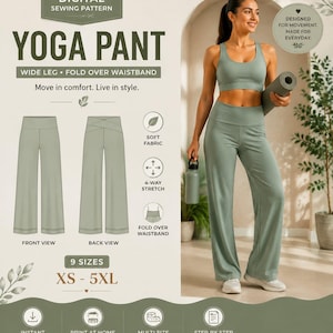 Flared Yoga Pants Sewing Pattern | Wide Leg, Fold Over Waistband (Digital Download)