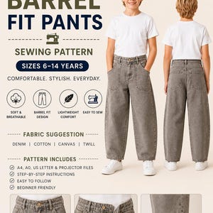 May include: A sewing pattern for kids barrel fit pants in sizes 6-14 years. The design features gray denim pants with front patch pockets, a button front opening, and a wide leg relaxed fit. Includes instructions for A4, A0, US letter, and projector files.