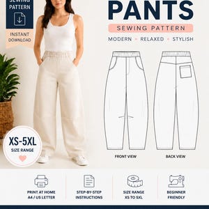 May include: A digital PDF sewing pattern for Barrel Fit Pants featuring a size range of XS-5XL. The image displays a white tank top and beige wide-leg trousers, alongside technical line drawings showing front and back views with an elastic waistband.
