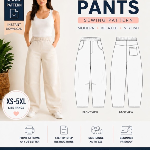Barrel Fit Pants PDF Sewing Pattern, Modern Relaxed Trousers, Streetwear Style (Digital Download)