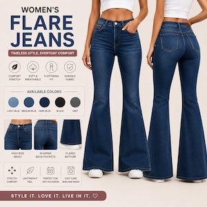 Puede incluir: Vaqueros de campana azul oscuro de tiro alto con cierre de botón y cremallera, bolsillos delanteros y traseros, y pernera ancha acampanada. La imagen incluye etiquetas de texto como WOMEN'S FLARE JEANS, AVAILABLE COLORS e iconos.