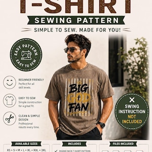 Pode incluir: Um molde de costura digital para uma camiseta de gola redonda. O gráfico inclui o texto ROUND NECK T-SHIRT SEWING PATTERN, SIMPLE TO SEW. MADE FOR YOU!, EASY PATTERN, BEGINNER FRIENDLY, SWING INSTRUCTION NOT INCLUDED e AVAILABLE SIZES XS a 3XL.