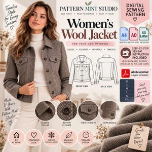 Puede incluir: Un patrón de costura digital para una chaqueta de lana de Pattern Mint Studio. La imagen muestra una chaqueta marrón de espiga, dibujos técnicos de las vistas frontal y trasera, y detalles circulares del cuello, botones y bolsillos.