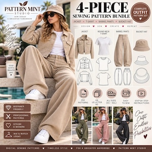 May include: A 4-piece sewing pattern bundle featuring a jacket, round neck t-shirt, barrel pants, and a bucket hat. The set includes PDF patterns in A4, US Letter, and A0 sizes, suitable for sizes XS to 5XL, with step-by-step instructions.