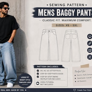 Op de afbeelding: Een naaipatroon voor een wijde broek met een lijntekening van de voor- en achterkant van het kledingstuk. De tekst bevat SEWING PATTERN MENS BAGGY PANTS, SIZES: XS - 5XL, en details over A4-, A0-bestanden, een fotogids en instructies.