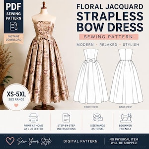 Floral Jacquard Strapless Bow Dress Sewing Pattern | A-Line Evening Gown (Digital Download)