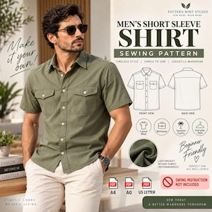 May include: A sewing pattern for a short sleeve shirt featuring a front and back technical drawing, a close-up of olive green fabric, and text including "MEN'S SHORT SLEEVE SHIRT SEWING PATTERN" and "PDF A4 A0 US LETTER" file formats.