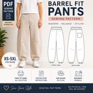 Barrel Fit Pants PDF Sewing Pattern, Modern Relaxed Trousers, Streetwear Style (Digital Download)