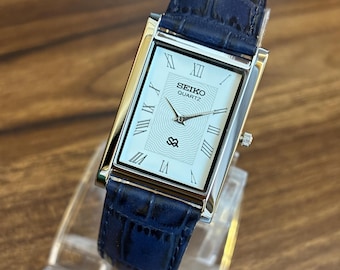 Vintage Seiko Tank Watch: White Dial, Blue Leather Strap, Japanese Quartz Dress Watch